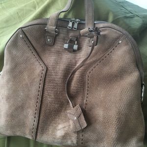 YSL Oversized Muse in camel suede, lizard embossed